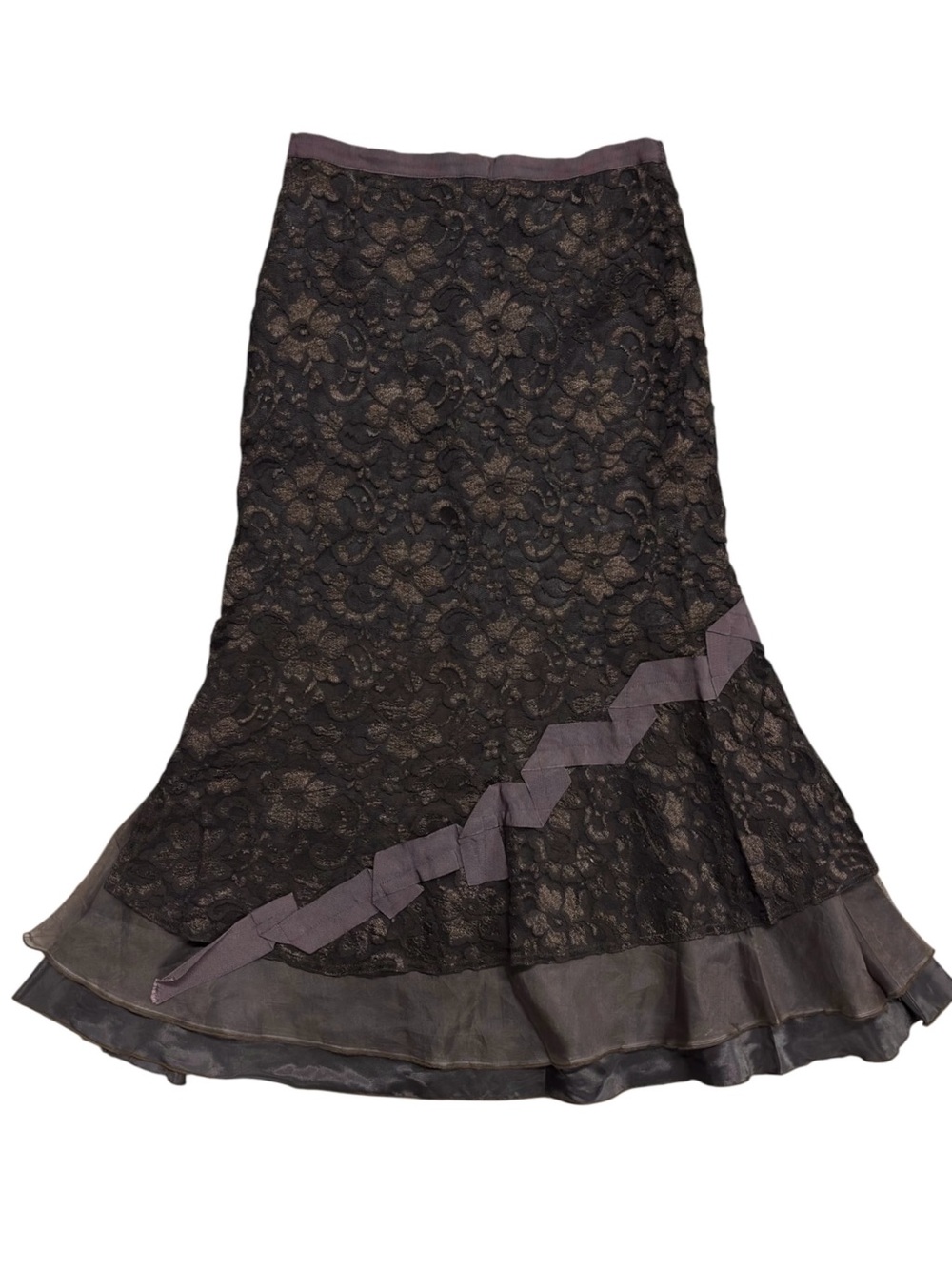 Neesh by D.A.R. | Vintage High Waisted Brown Floral Lace Ruffle Midi Skirt